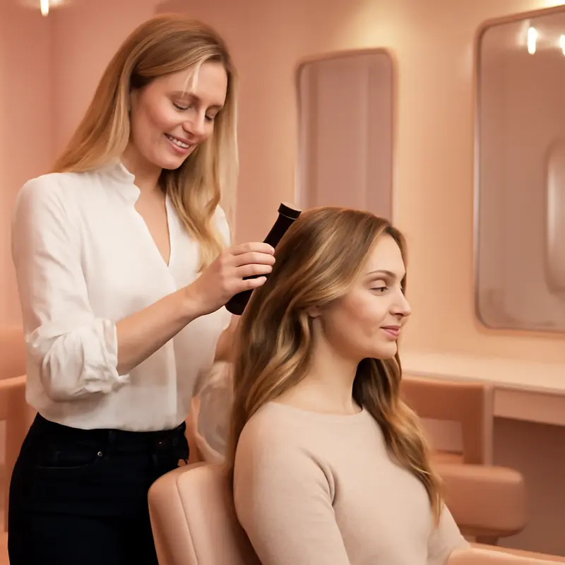 Glow Hair Studio salon styling chair with a professional hairstylist working on a client