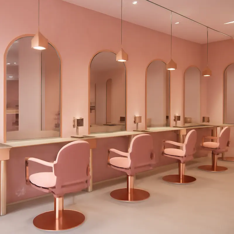 Pink themed modern hair salon interior with styling stations and mirrors
